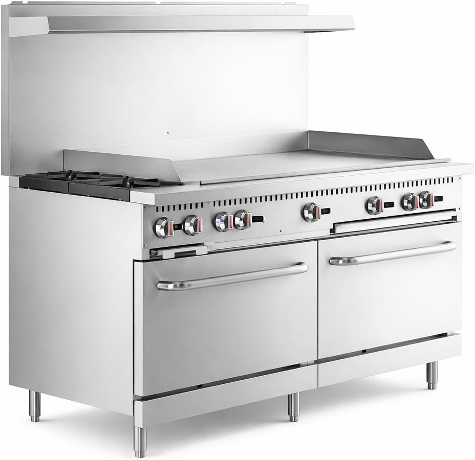 Natural Gas Range, 60 Inch, 2 Burner with 48 Inch Griddle, 2 Standard Ovens, 200000 BTU, Freestanding