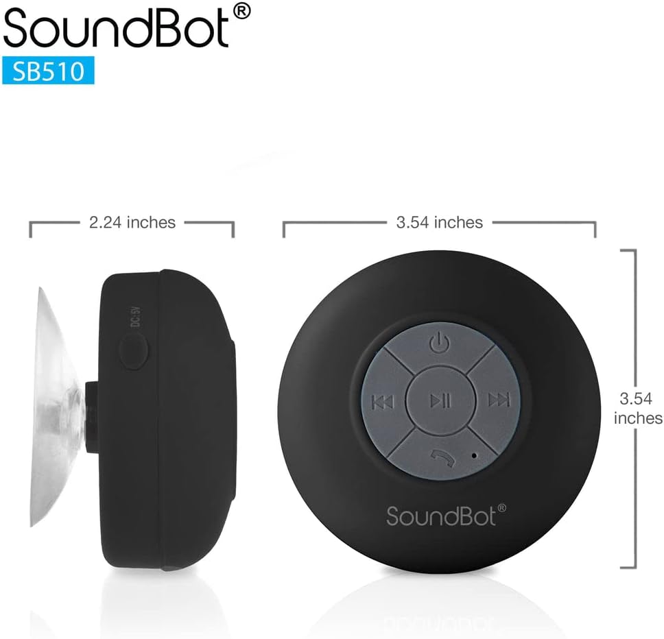 Soundbot® Waterproof Shower Speaker HD Water Resistant Bluetooth Handsfree Portable with Loud Clear Sounds 6+hrs of Playtime, Wireless Suction Cup Small Durable for Outdoors Travel Home SB510 (Black)