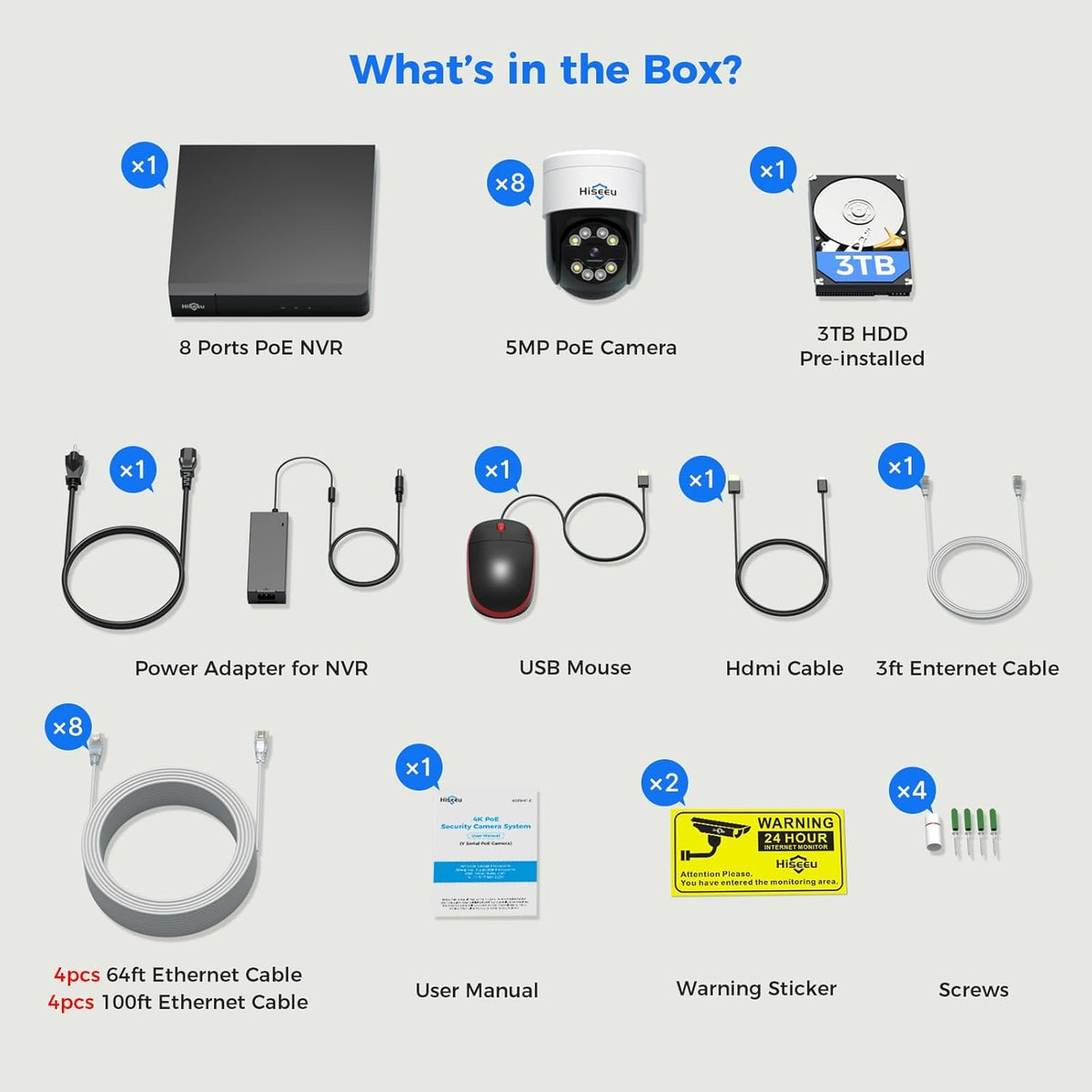 【Human Track】Hiseeu 4K PoE PTZ Security Camera System, 6pcs 5MP PTZ Cameras
