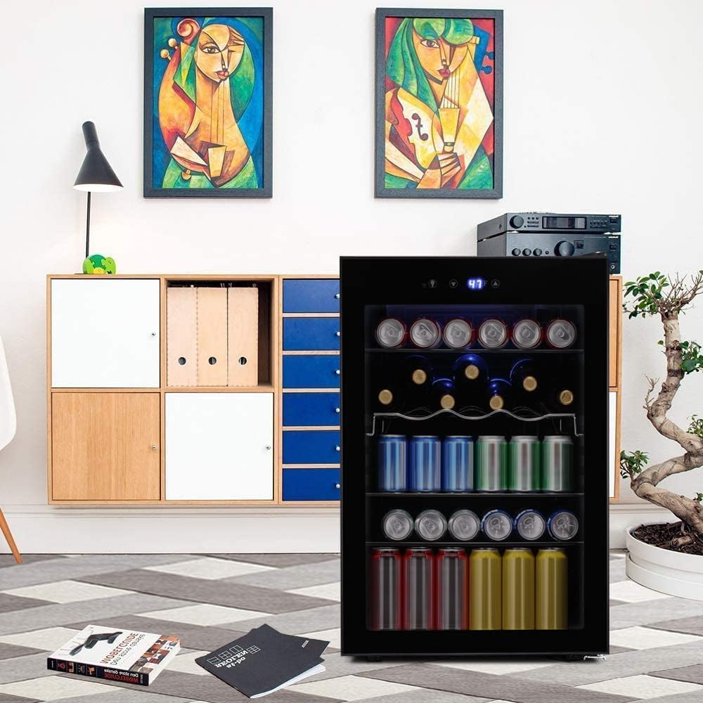 Kismile 4.5 Cu.ft Beverage Refrigerator and Cooler,145 Can Mini Fridge Glass Door with Digital Temperature Display for Soda,Beer or Wine,small Drink Dispenser Cooler for Home,Office or Bar (Black)
