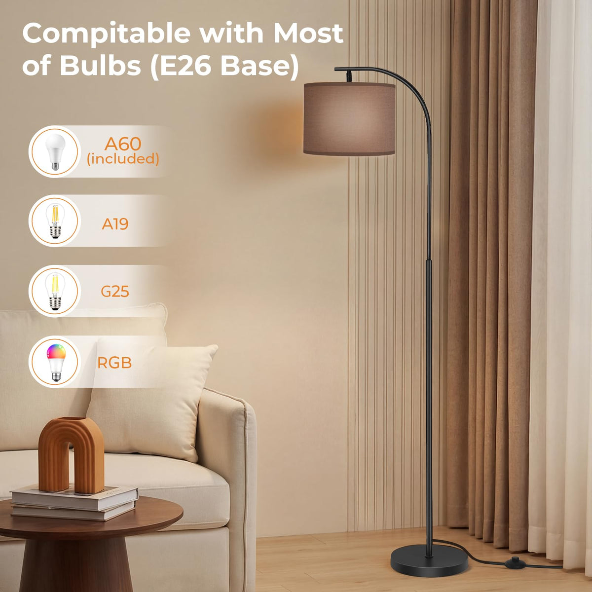 SIBRILLE Floor Lamp with Linen Shade, Arc Dimmable Tall Standing Lamp with Remote Control, Modern Floor Reading Light for Living Room Bedroom Office Corner, 9W LED Bulb Included