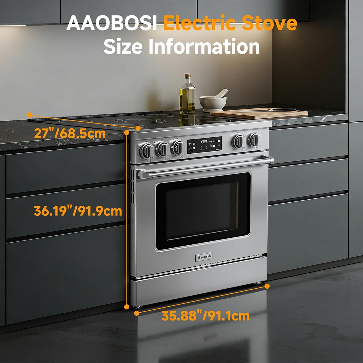 AAOBOSI 36 Inch 6 Cu.Ft Front Control Electric Range Oven with 5 Cooktop Elements,9 Cooking Power Level 9300W, Smrt Control Air Fryer Convection Self Clean Freestanding Oven,240V(No Powercord)