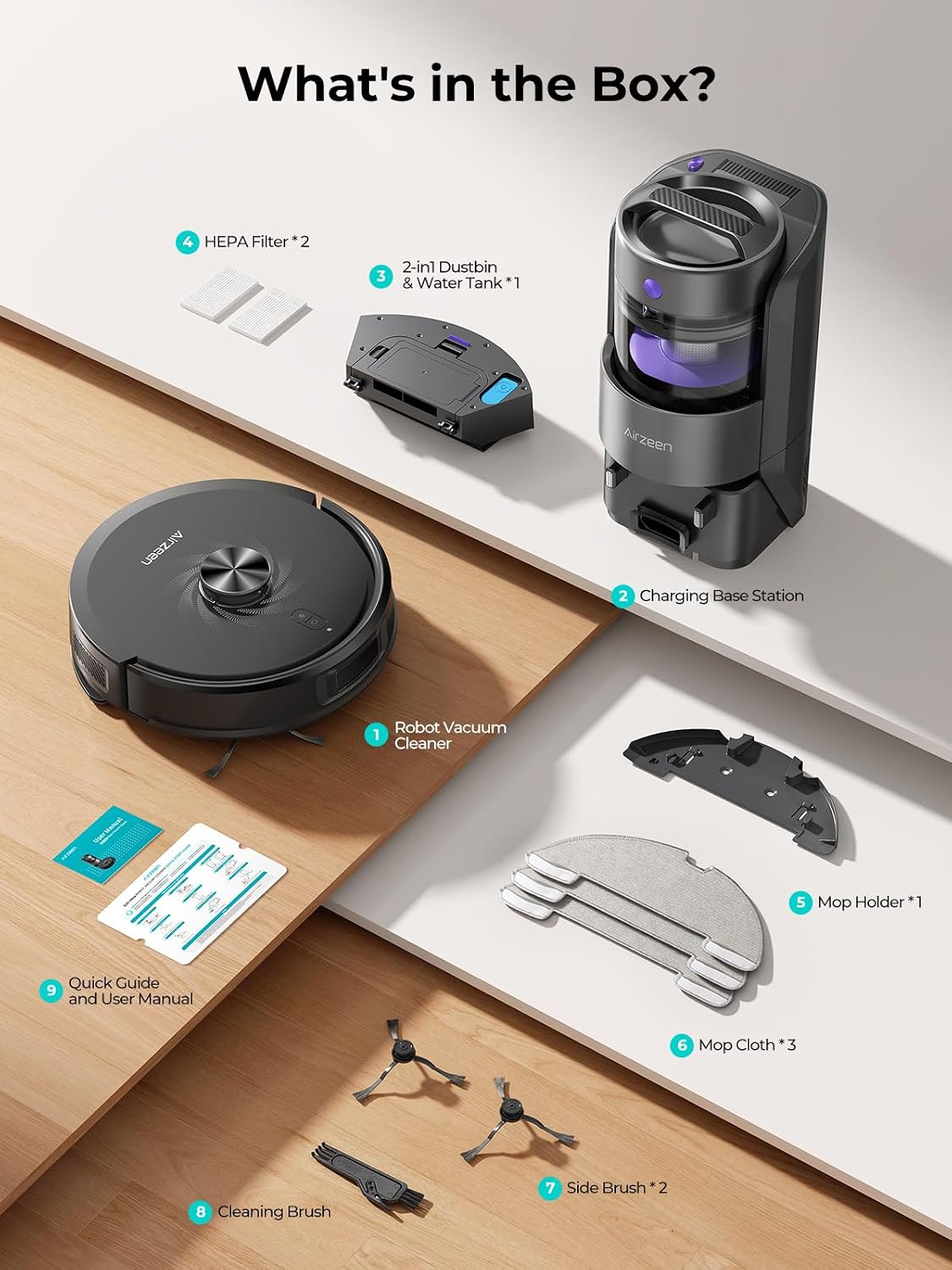 Airzeen Bagless Robot Vacuum and Mop Self-Emptying for Pet Hair/Carpet