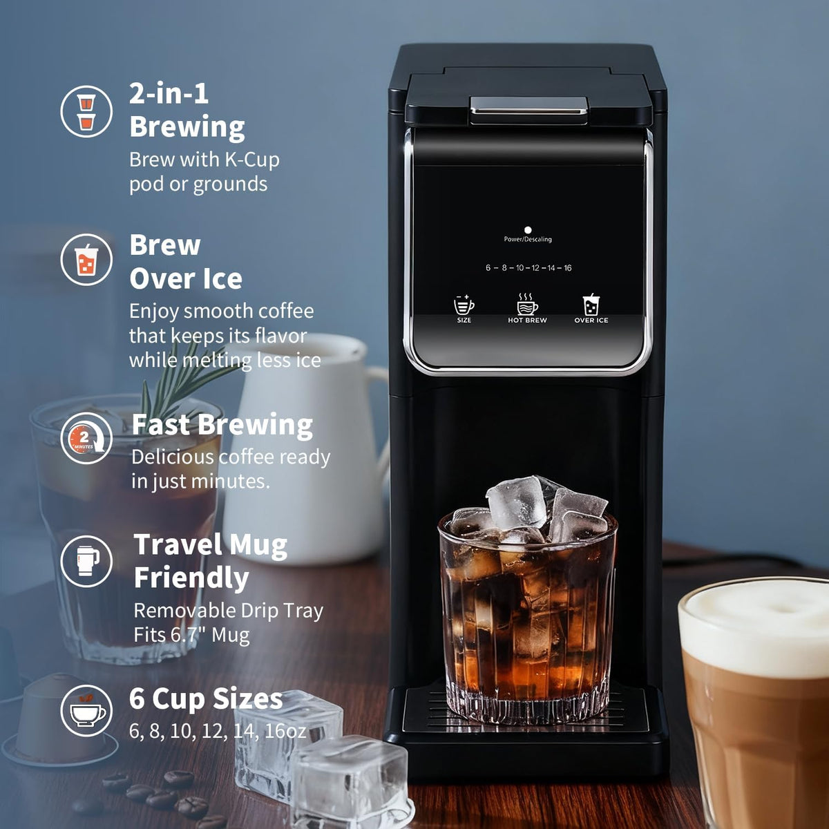 KIDISLE Single Serve K Cup & Ground Coffee Maker, Hot & Iced Brew, Black