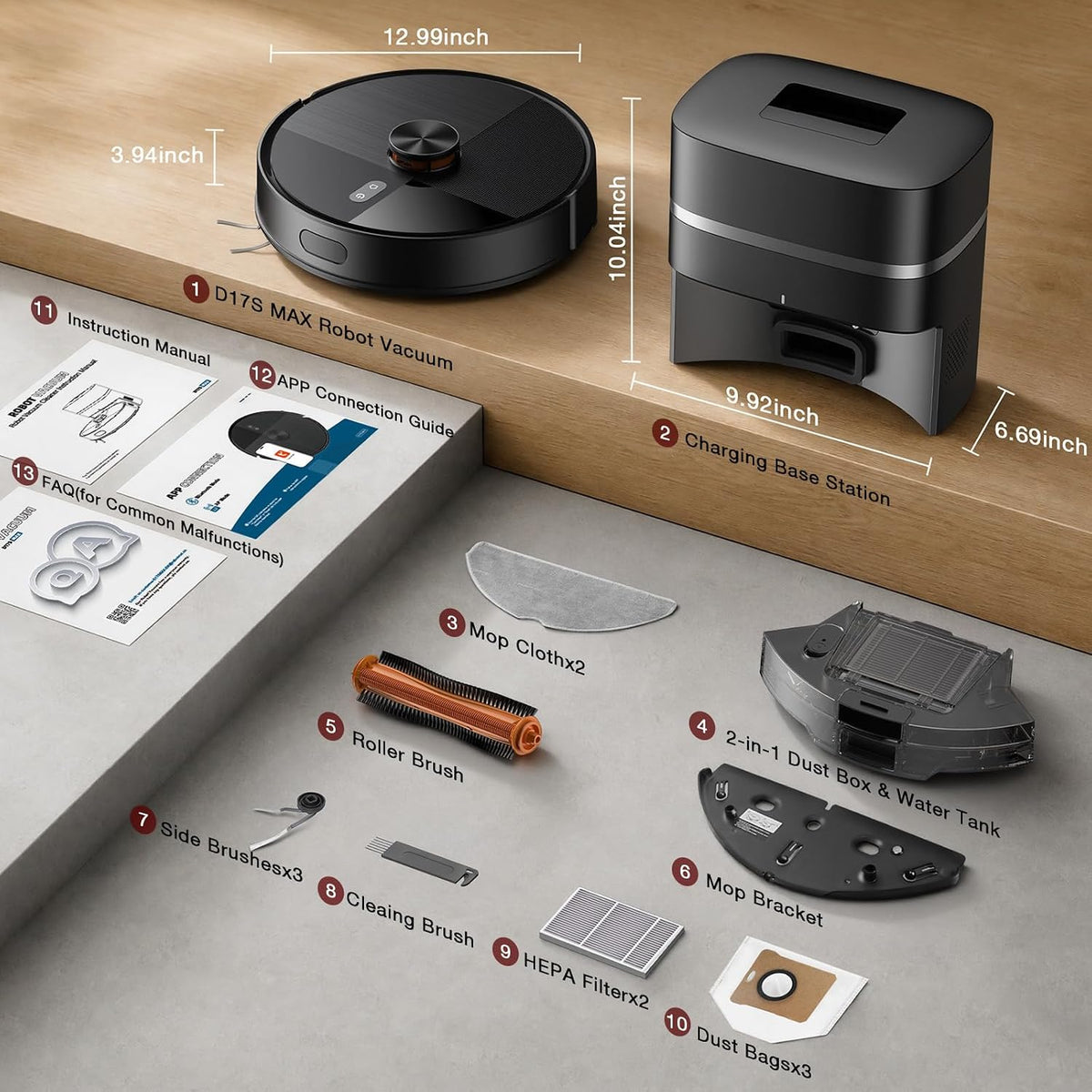 Robot Vacuum and Mop Combo, 12,000 Pa Strong Suction, dToF Laser Navigation with 5 Maps, 90 Days Self-Empty, App Control, Anti-Tangle Brush, for Pet Hair Carpet & Hard Floor