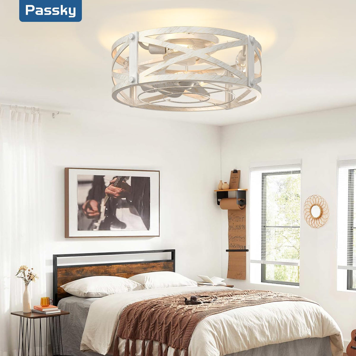 Passky 20" Caged Ceiling Fans with Lights and Remote, Low Profile Fandelier
