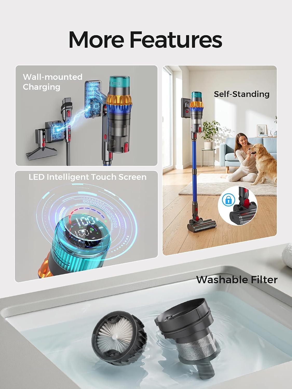 Smart Cordless Vacuum Cleaner, 650W 60KPa 75Min Vacuum Cleaner for Home
