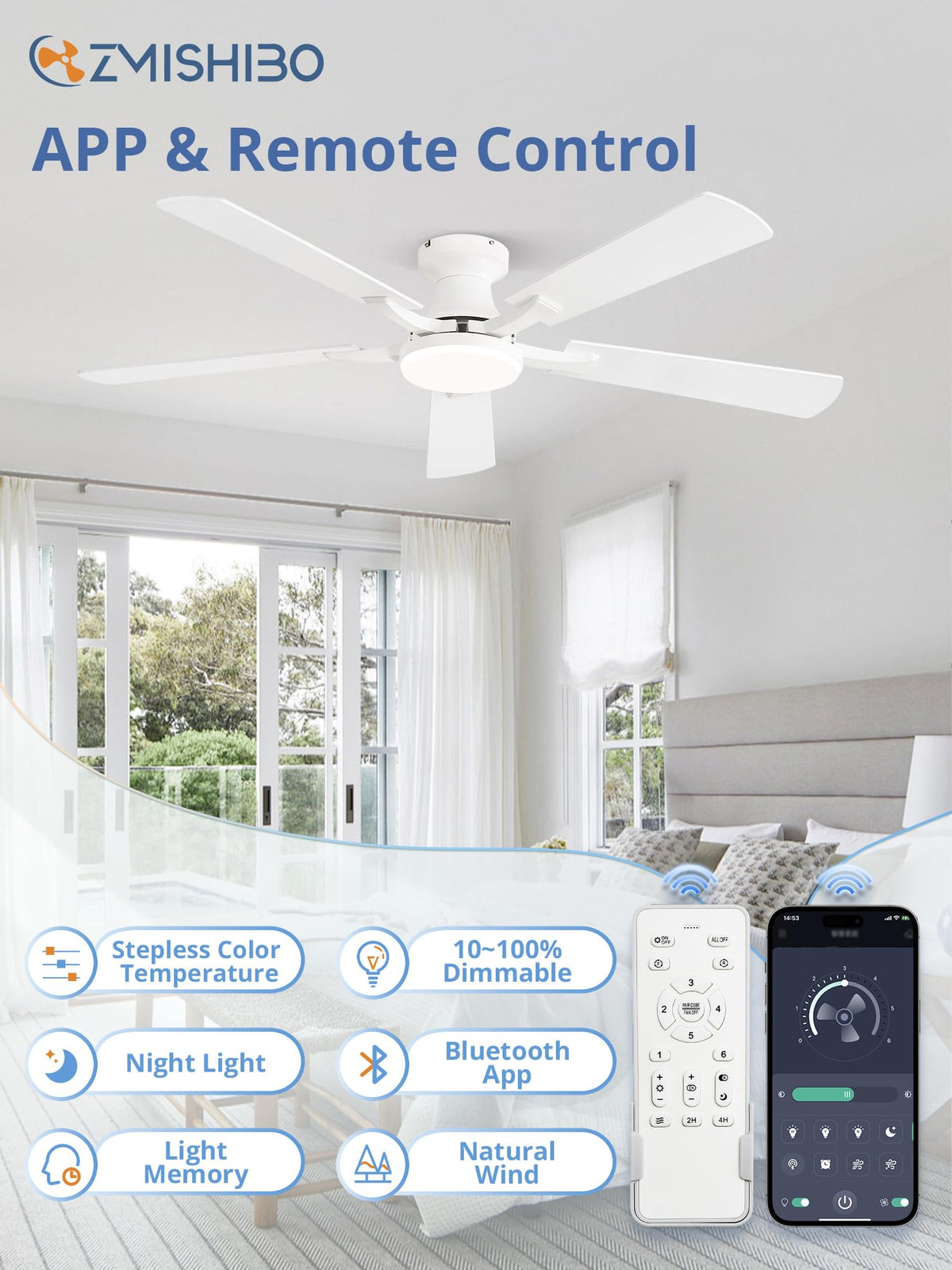 ZMISHIBO 52 Inch Ceiling Fans with Lights, Remote&App Control, Flush Mount