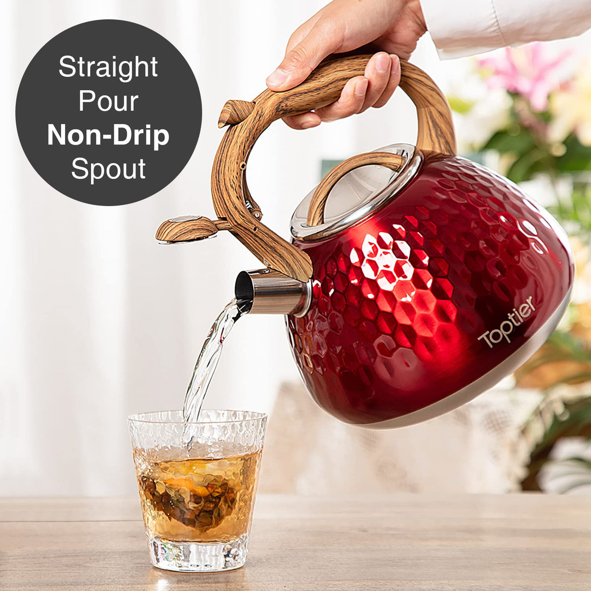 Tea Kettle, Toptier Teapot Whistling Kettle with Wood Pattern Handle Loud Whistle, Food Grade Stainless Steel Tea Pot for Stovetops Induction Water Kettle, 2.7-Quart Butterfly
