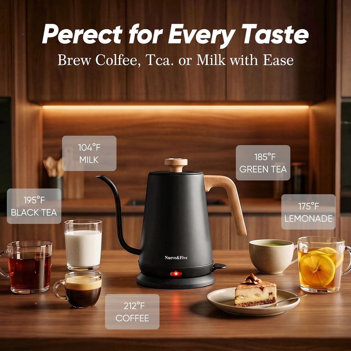 Nueve&Five Electric Gooseneck Kettle with Thermometer, 1.0L Pour Over Hot Water Kettle for Coffee and Tea, 1000W, Auto Shutoff, Boil-Dry Protection, Matte Black