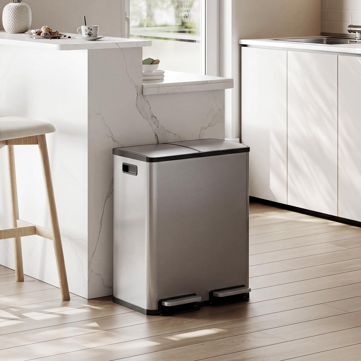 NEWBULIG 16 Gallon Dual Compartment Kitchen Trash Can, Stainless Steel, 60L