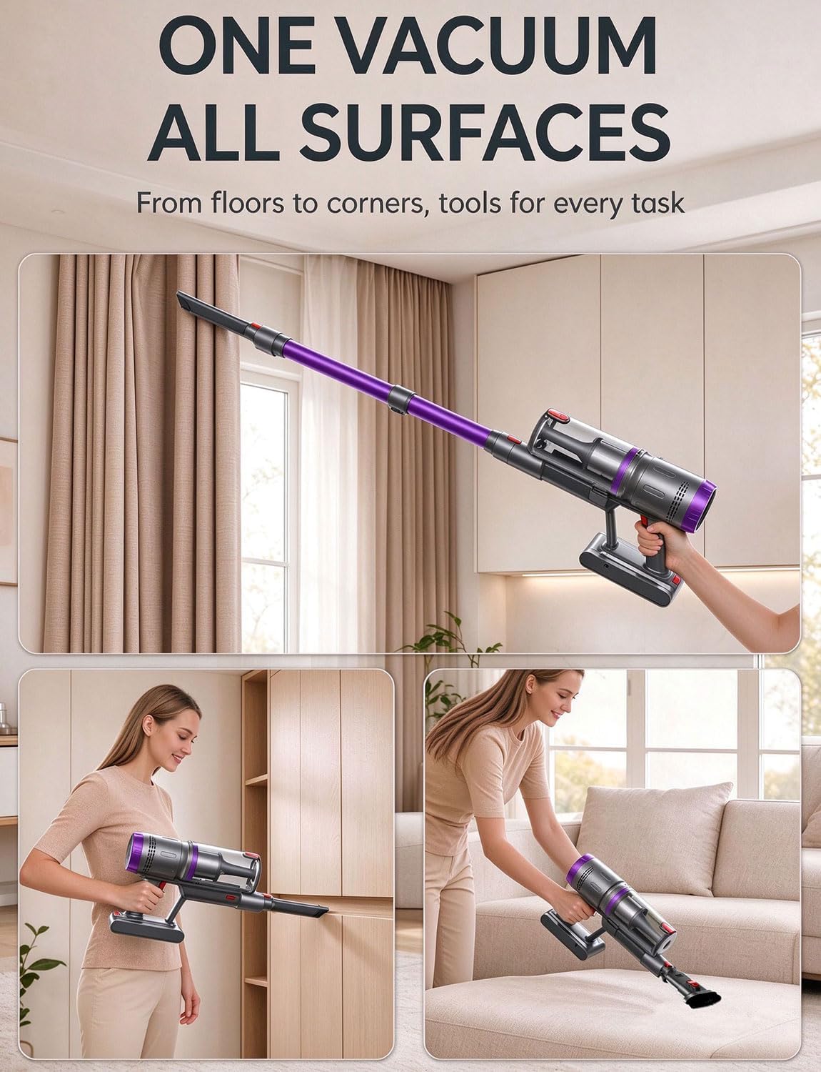 OXVAC Cordless Vacuum Cleaner, 60KPa 650W Stick Vacuum with 80Mins Runtime, Smart AUTO Mode, Anti-Tangle Brush, Self-Standing, Large Cup for Home, Pet Hair, Carpet & Hardwood Floor