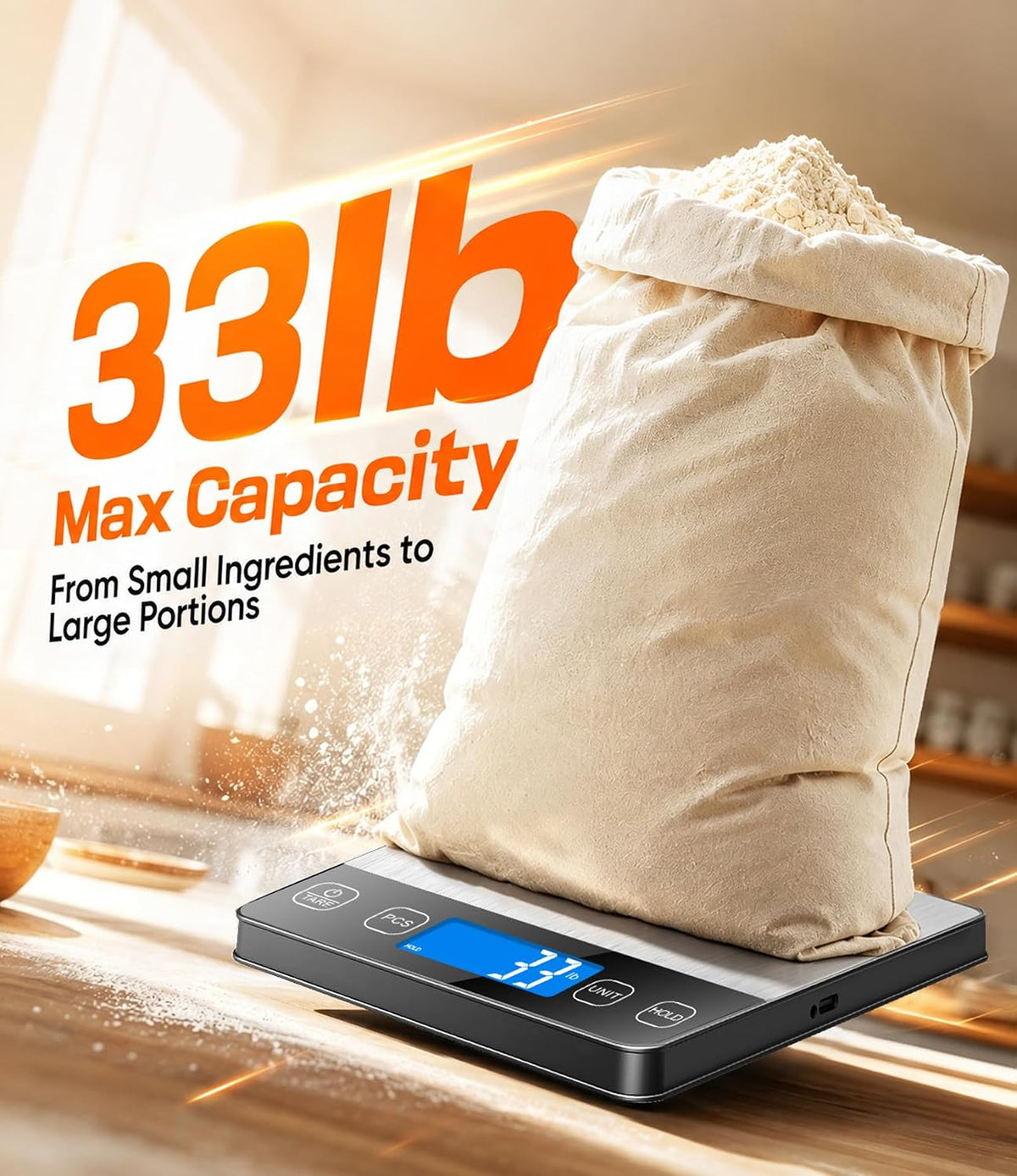Food Scale 33 lb Capacity, Rechargeable Kitchen Scale with 7 Units