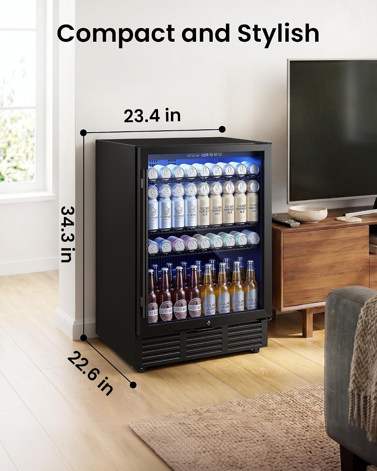 24 Inch Beverage Refrigerator 180 Cans | Under Counter Glass Door