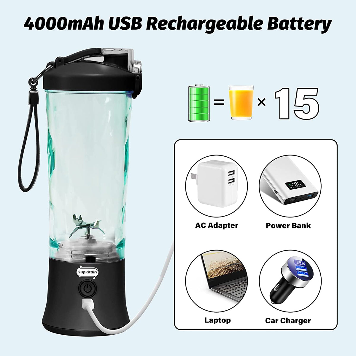 20 Oz Portable Blender USB Rechargeable, Supkitdin Waterproof Personal Black
