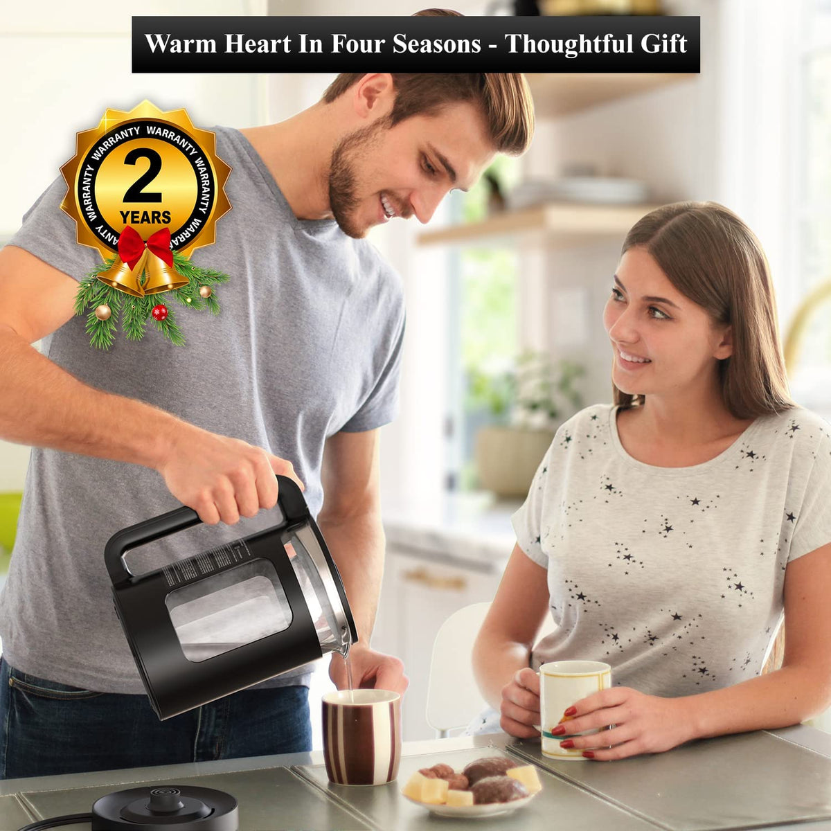Electric Kettle, Intelligent Temp Control, One Wipe Clean, 5 LED Light Black