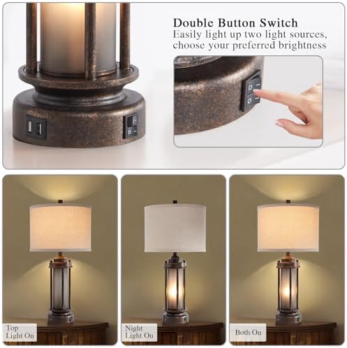 New - Same Matching Floor Lamp - 65'' Floor Lamp + 25'' Table Lamp, Farmhouse Nightstand Lamp with Frosted Glass Nightlight Linen Fabric Shade for Living Room, Bedroom, Entryway Office, Bulb Included