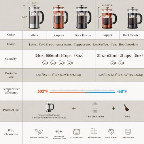 Veken 34oz French Press Coffee Maker, No Plastic Touching Cafe,1 L Cafetera