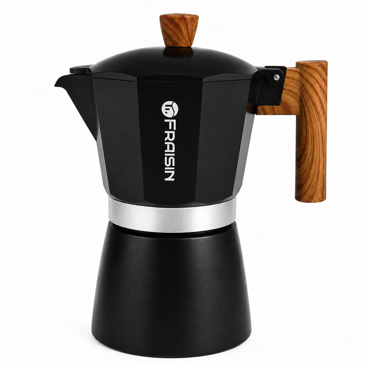 Stovetop Espresso Moka Pot Coffee Maker, Non-slip Wood Grain Handle, Cast Aluminum, Compatible with Gas, and Electric Stoves (Black, 12 cups)
