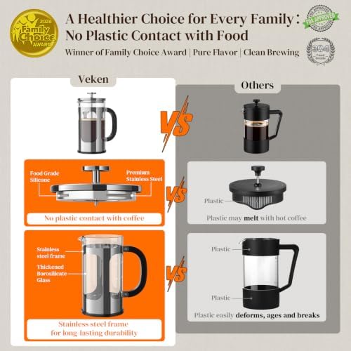 Veken 34oz French Press Coffee Maker, No Plastic Touching Cafe,1 L Cafetera