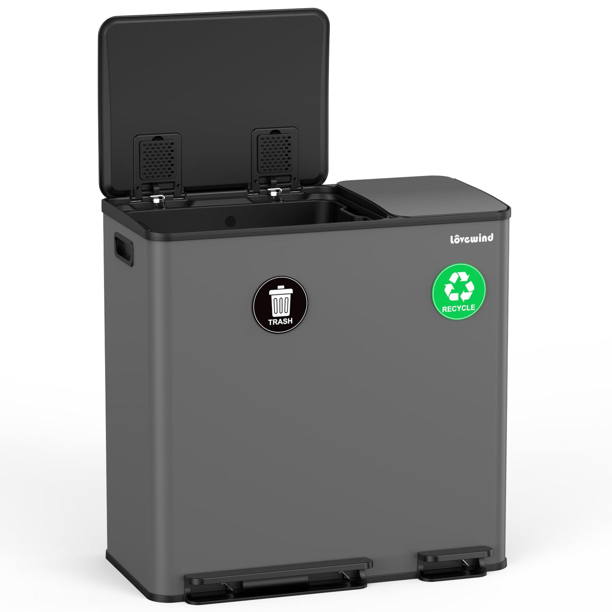 Lovewind Dual Trash and Recycling Bins for Kitchen, 2 * 11-Gallon Stainless Steel Double Trash Can, Step-On Garbage and Recycle Combo, Quiet Close, Pet-Proof, Compatible with 13-Gallon Bags, White
