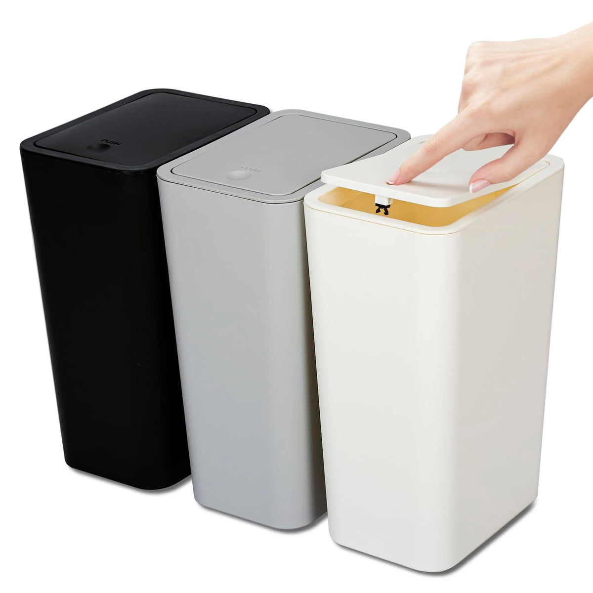N. NETDOT 3 Pack 10L / 2.6 Gallon Small Trash Can with Lid, Bathroom Garbage Can with Pop-Up Lid, Waste Basket for Bathroom, Kitchen, Bedroom, Powder Room, Craft Room, Office, College (Off White)