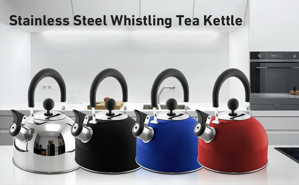 Lily's Home 2 Quart Stainless Steel Whistling Tea Kettle, the Perfect Stovetop Tea and Water Boilers for Your Home, Dorm, Condo or Apartment. (Blue)