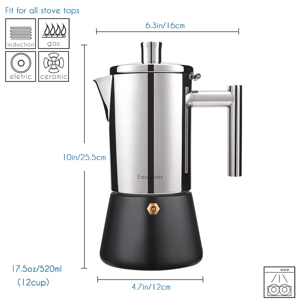 Easyworkz Diego Stovetop Espresso Maker Stainless Steel Italian Coffee Machine Maker 4Cup 6.8 oz Induction Moka Pot