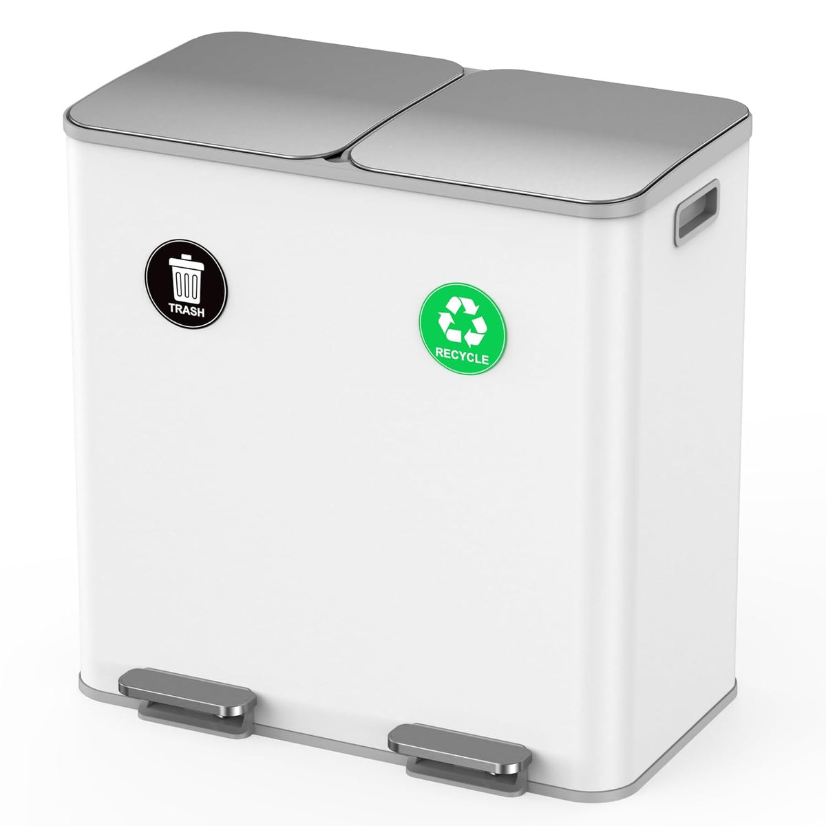 Lovewind Dual Trash and Recycling Bins for Kitchen, 2 * 11-Gallon Stainless Steel Double Trash Can, Step-On Garbage and Recycle Combo, Quiet Close, Pet-Proof, Compatible with 13-Gallon Bags, White