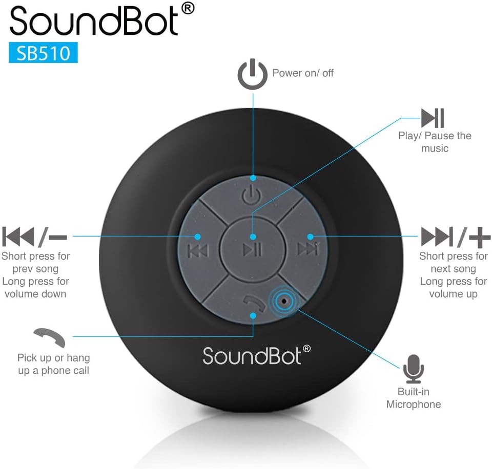 Soundbot® Waterproof Shower Speaker HD Water Resistant Bluetooth Handsfree Portable with Loud Clear Sounds 6+hrs of Playtime, Wireless Suction Cup Small Durable for Outdoors Travel Home SB510 (Black)