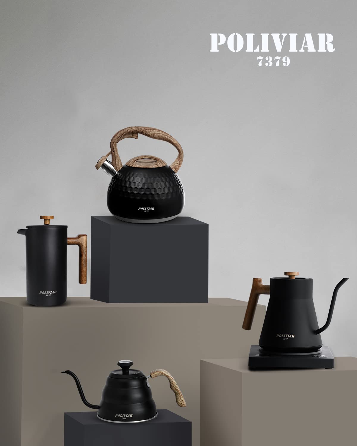POLIVIAR Tea Kettle, 2.7 Quart Natural Stone Finish with Wood Pattern Handle Loud Whistle Food Grade Stainless Steel Teapot, Anti-Hot Handle and Anti-Rust, Suitable for All Heat Sources (JX2018-GR20)