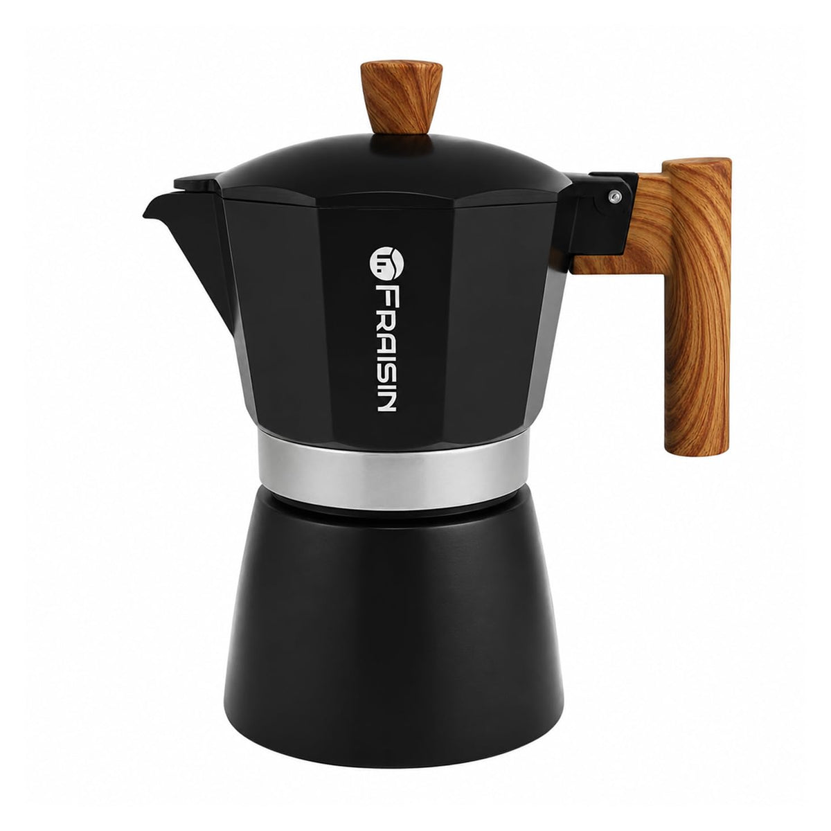 Stovetop Espresso Moka Pot Coffee Maker, Non-slip Wood Grain Handle, Cast Aluminum, Compatible with Gas, and Electric Stoves (Black, 12 cups)
