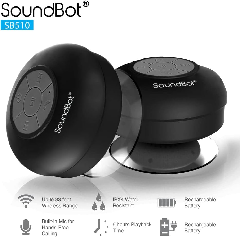 Soundbot® Waterproof Shower Speaker HD Water Resistant Bluetooth Handsfree Portable with Loud Clear Sounds 6+hrs of Playtime, Wireless Suction Cup Small Durable for Outdoors Travel Home SB510 (Black)