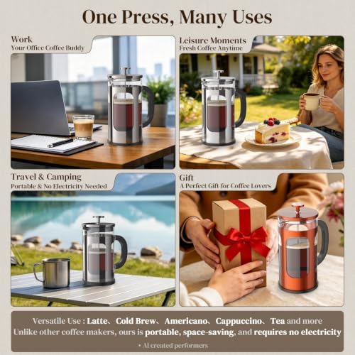Veken 34oz French Press Coffee Maker, No Plastic Touching Cafe,1 L Cafetera