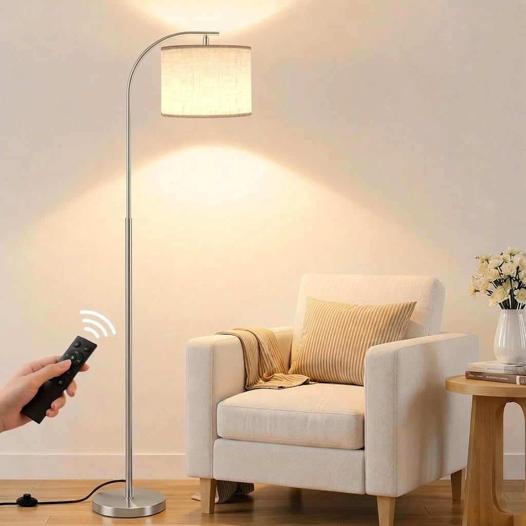 SIBRILLE Floor Lamp with Linen Shade, Arc Dimmable Tall Standing Lamp with Remote Control, Modern Floor Reading Light for Living Room Bedroom Office Corner, 9W LED Bulb Included