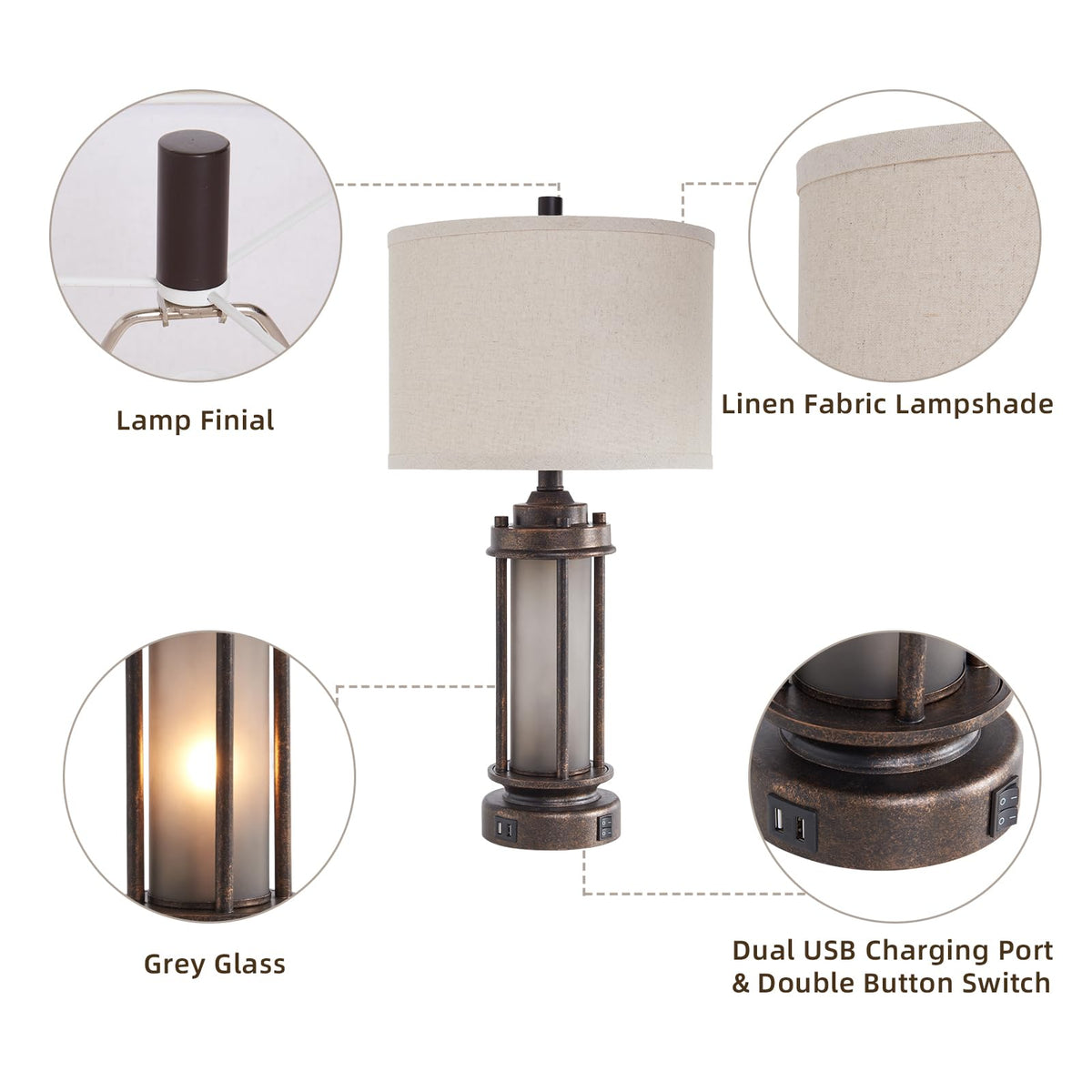 AIEAMPDO 25'' Set of 2 Farmhouse Table Lamps for Living Room with USB C+A