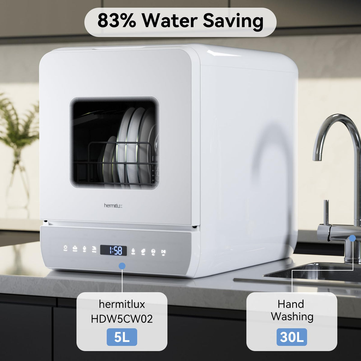 Hermitlux Countertop Dishwasher, 5 Place Settings Portable Dishwashers Mini