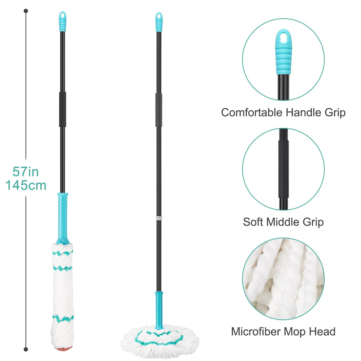 Self-Wringing Twist Mops for Floor Cleaning, Microfiber Floor mop with 57 " Long Handle, Easy Wringing Mop for Hardwood Commercial Household Clean