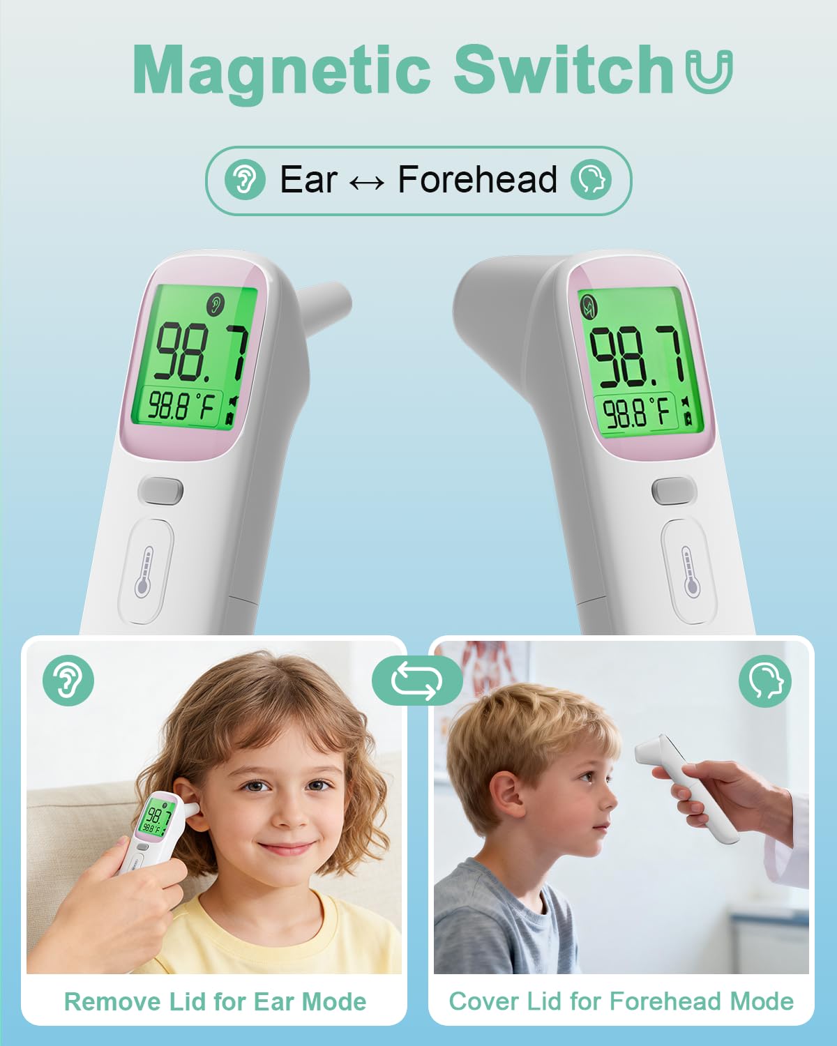Baby Thermometer for Kids - Ear & Forehead Thermometer FSA-HSA, Digital Infrared Thermometers for Adults, Accurate No Touch Termometro with Fever Alarm & Mute Mode,40 Memories (Blue 1 Pack)