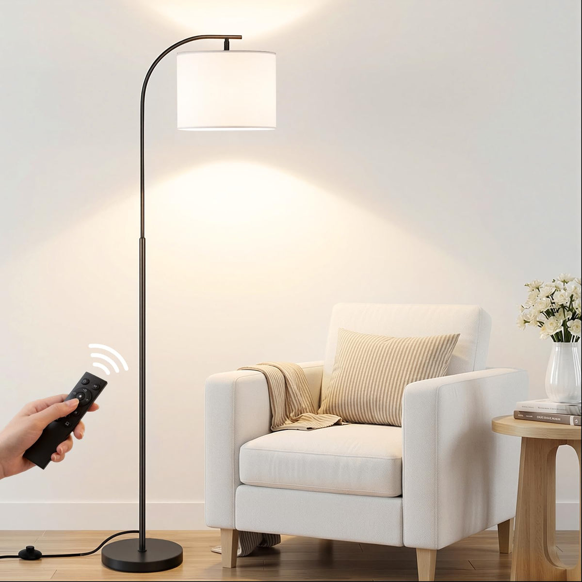 SIBRILLE Floor Lamp with Linen Shade, Arc Dimmable Tall Standing Lamp with Remote Control, Modern Floor Reading Light for Living Room Bedroom Office Corner, 9W LED Bulb Included