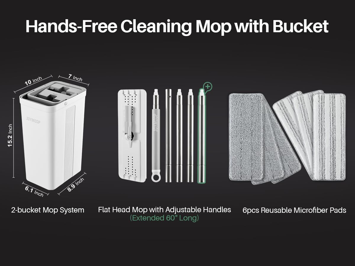 JOYMOOP Flat Mop System, Microfiber Mop and Bucket Set, White, Commercial & Household Use, Hardwood Floor & Wall Cleaning Mop with Long Handle, 4 Microfiber Pads