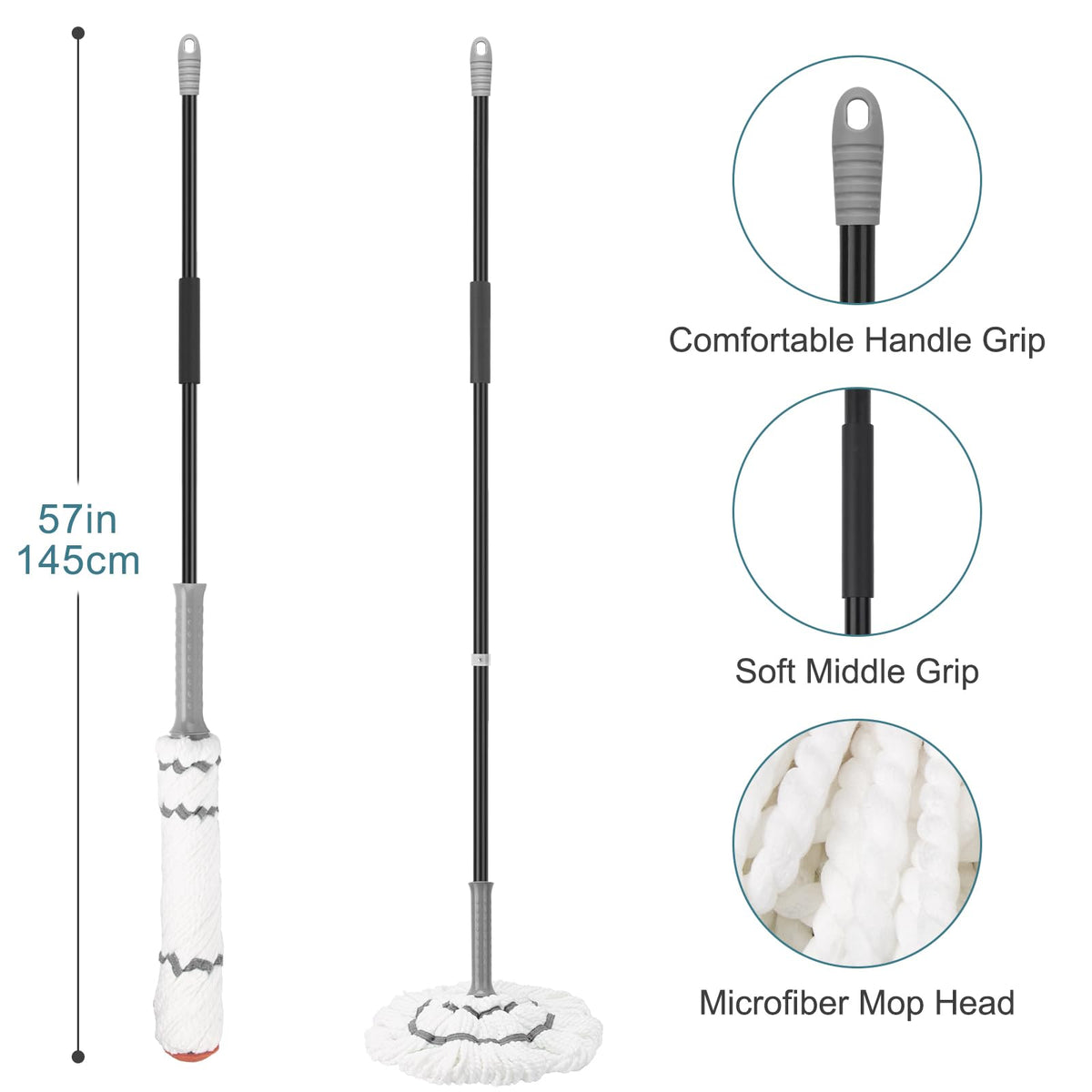 Self-Wringing Twist Mops for Floor Cleaning, Microfiber Floor mop with 57 " Long Handle, Easy Wringing Mop for Hardwood Commercial Household Clean