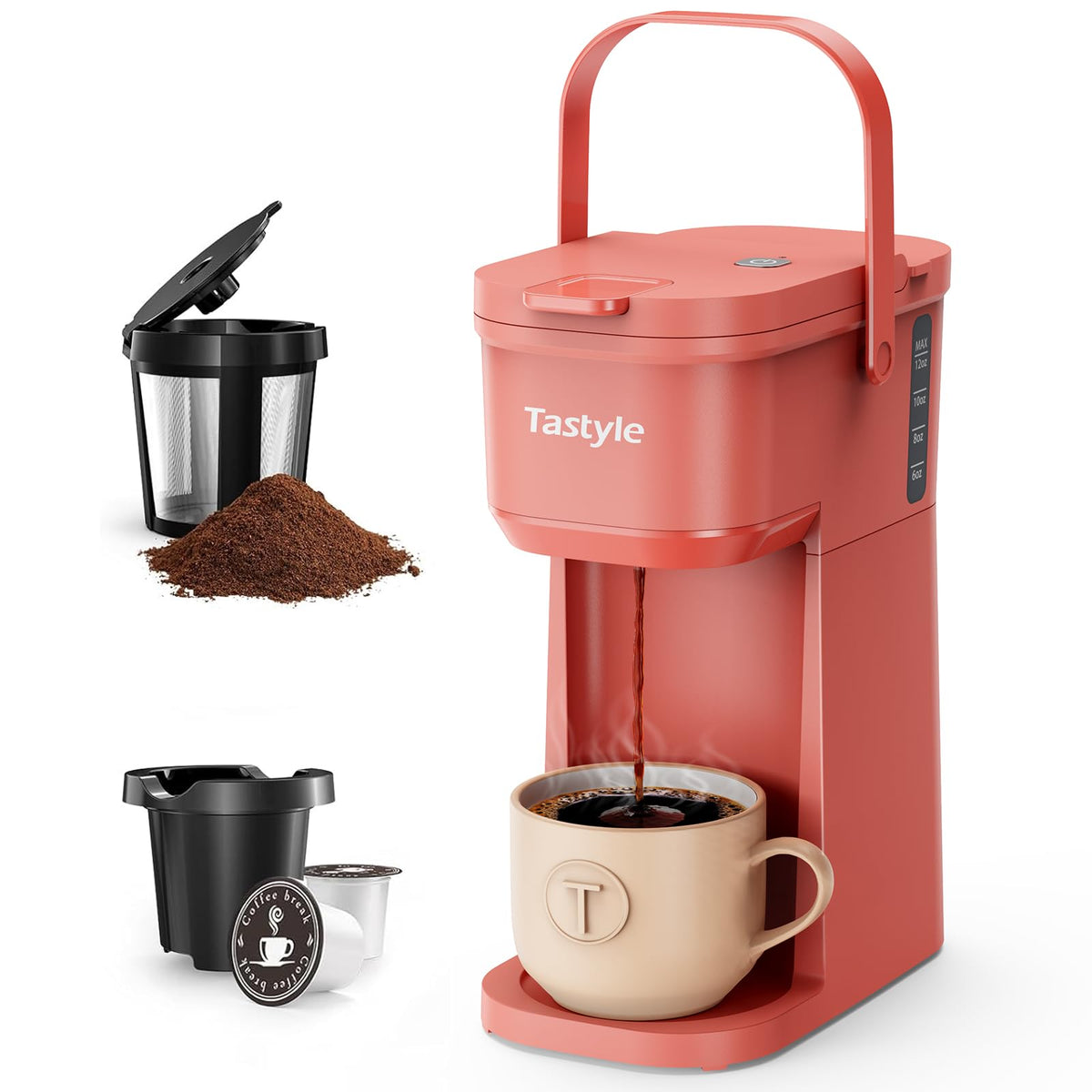 Tastyle Mini Single Serve Coffee Maker for K Cups and Grounds with Handle