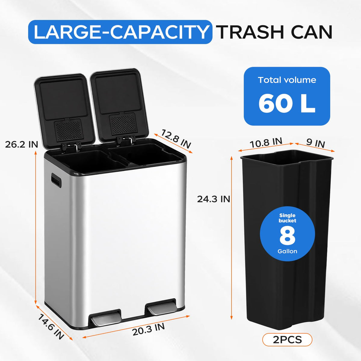 PayLessHere | 13G Trash Can with Lid | Steel | Removable Inner Bucket