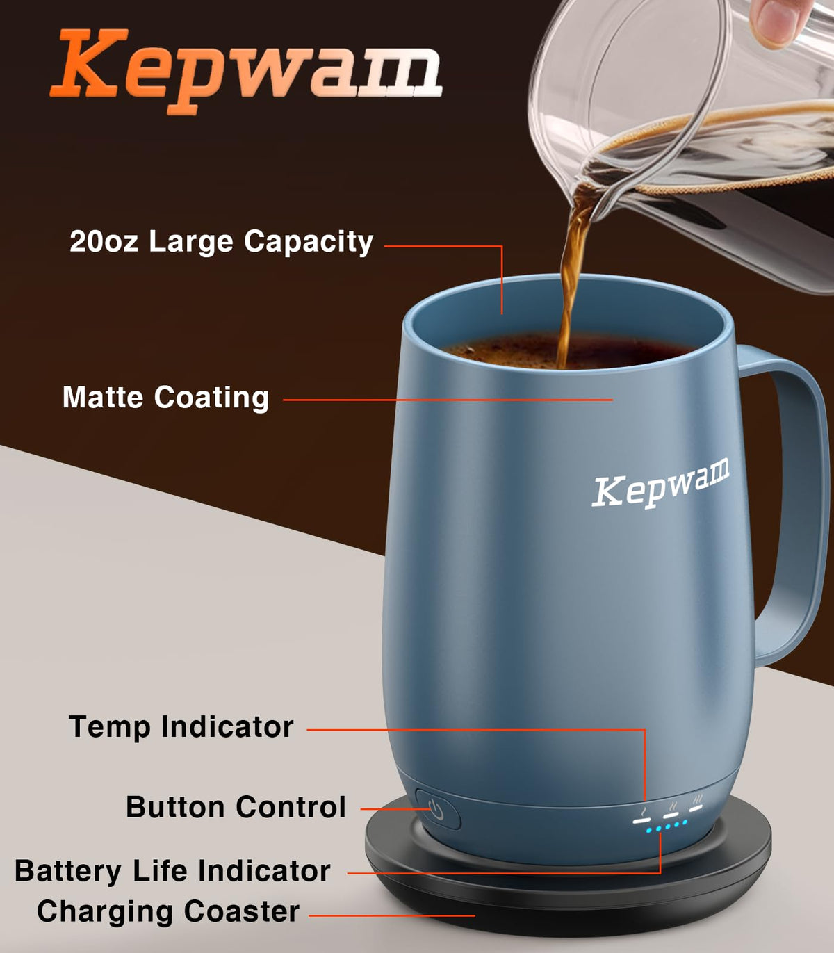 Kepwam Self-Heating Coffee Mug T2, 16oz Electric Heated Mug Hot Up to 149℉