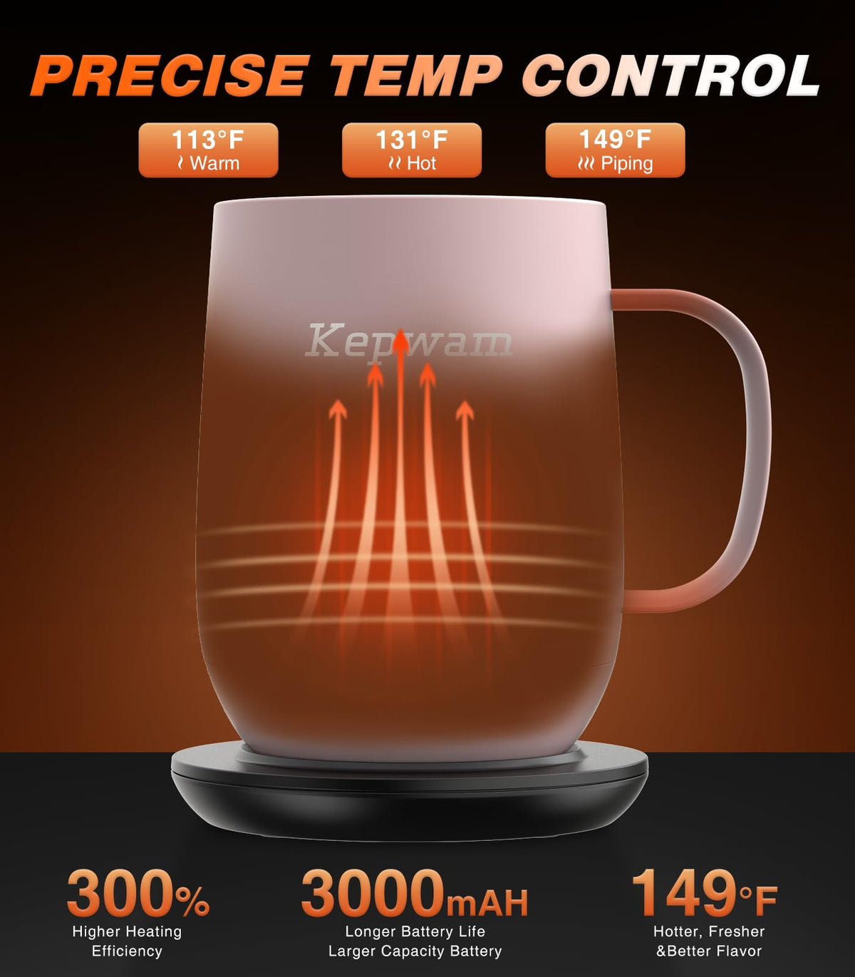 Kepwam Self-Heating Coffee Mug T2, 16oz Electric Heated Mug Hot Up to 149℉