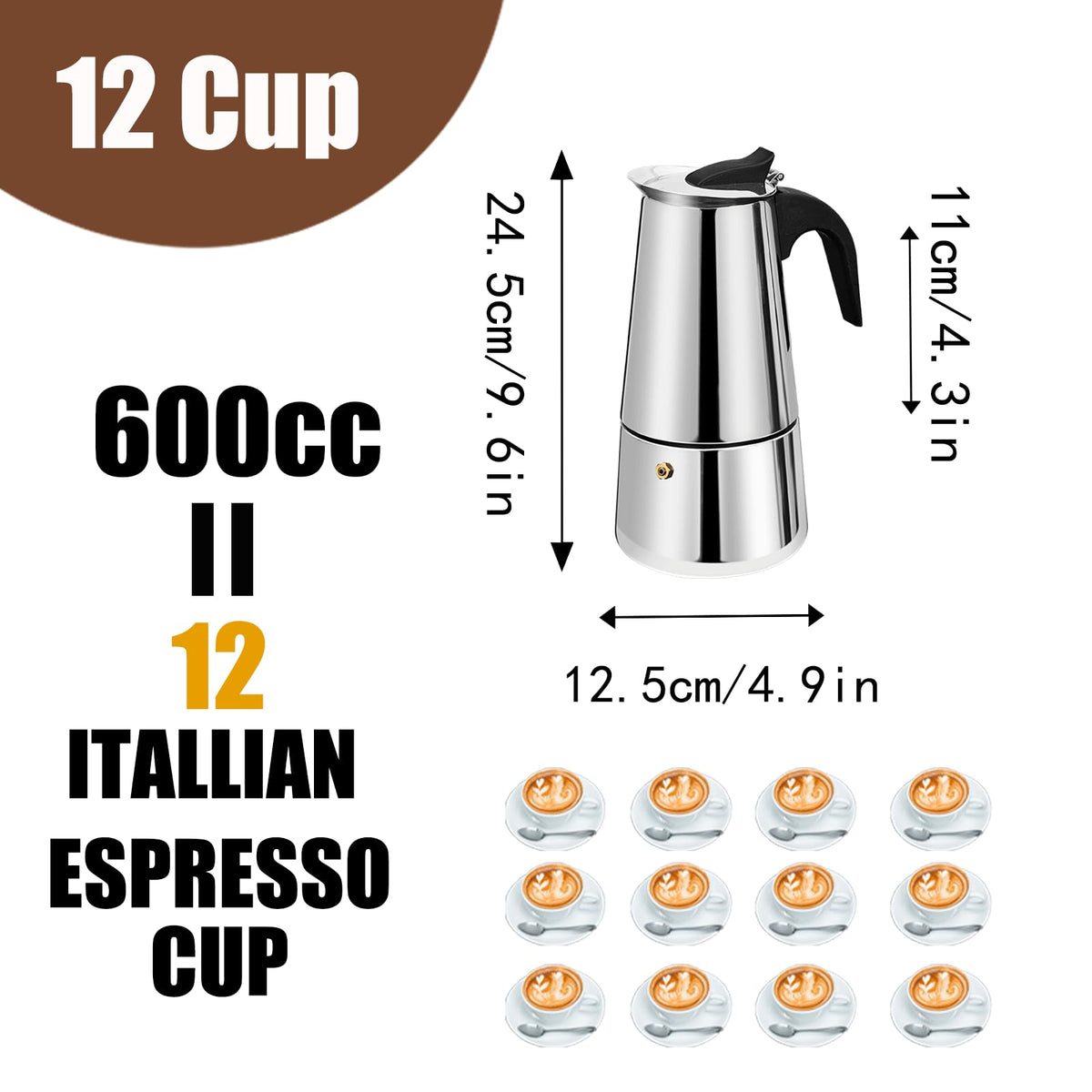 6 Cup Stovetop Espresso Maker Stainless Steel Moka Pot Stove Top Percolator Italian Coffee Makers Capable Mocha Greca Machine Cafe Classic Induction Cookers for Home and Camping 300ml 10oz