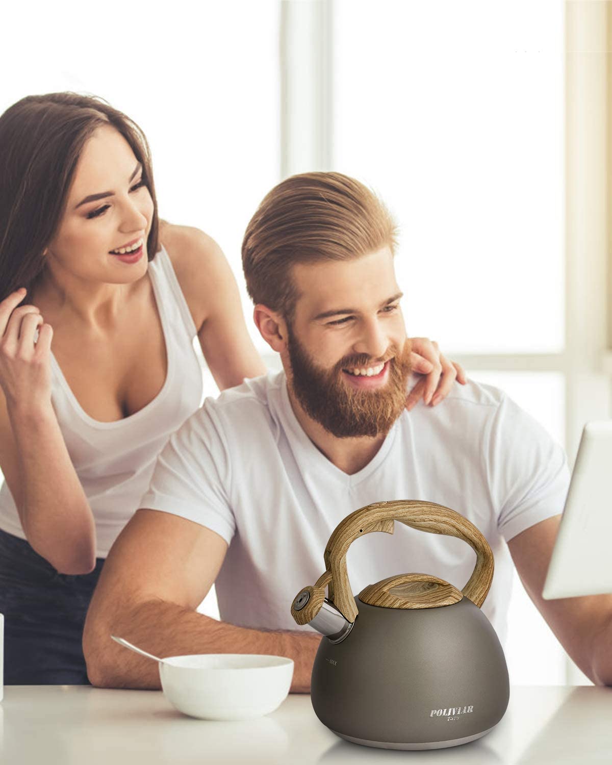 POLIVIAR Tea Kettle, 2.7 Quart Natural Stone Finish with Wood Pattern Handle Loud Whistle Food Grade Stainless Steel Teapot, Anti-Hot Handle and Anti-Rust, Suitable for All Heat Sources (JX2018-GR20)