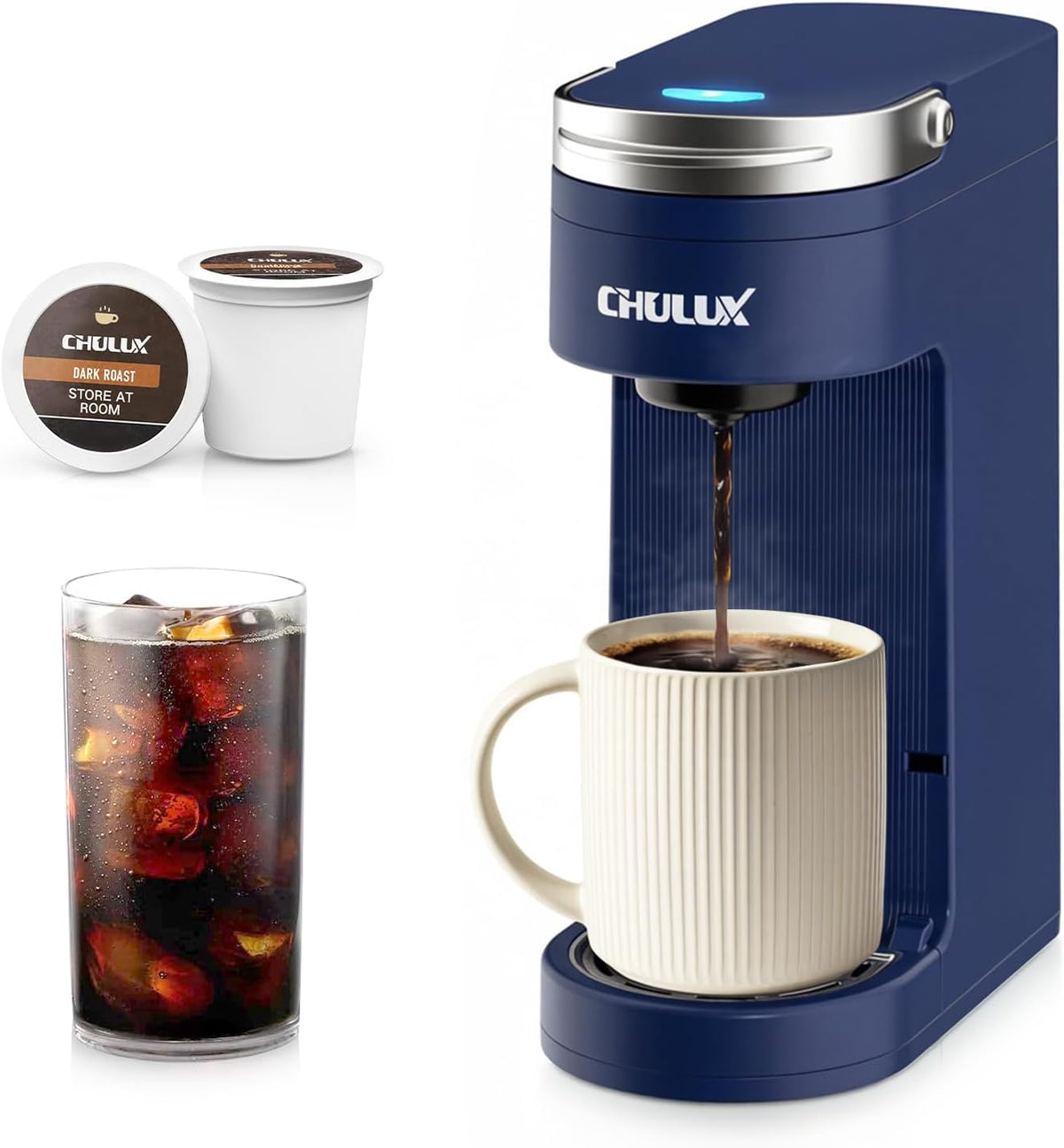 CHULUX Slim Single Serve Coffee Maker for K Cup, One Cup Design, Matte Navy