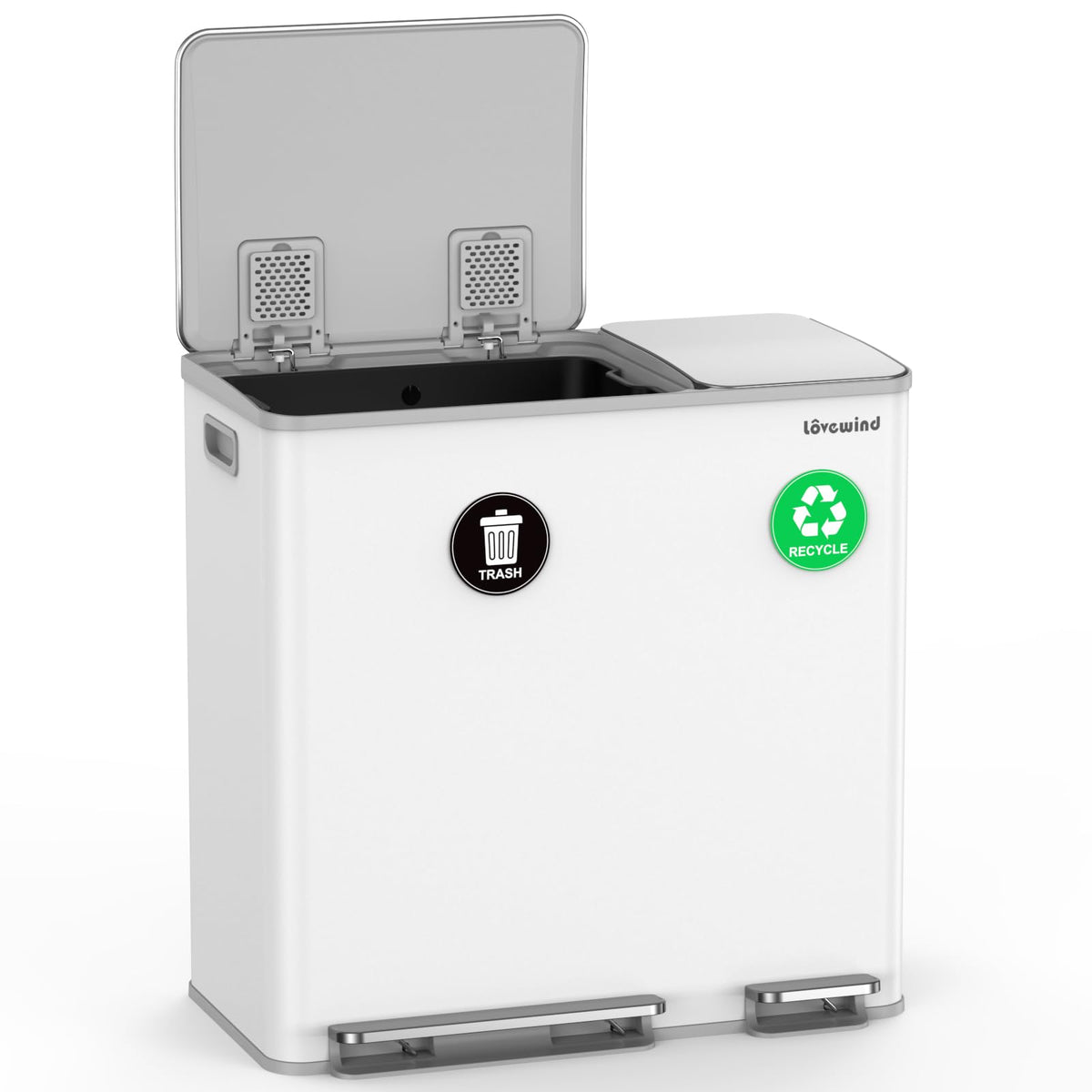 Lovewind Dual Trash and Recycling Bins for Kitchen, 2 * 11-Gallon Stainless Steel Double Trash Can, Step-On Garbage and Recycle Combo, Quiet Close, Pet-Proof, Compatible with 13-Gallon Bags, White